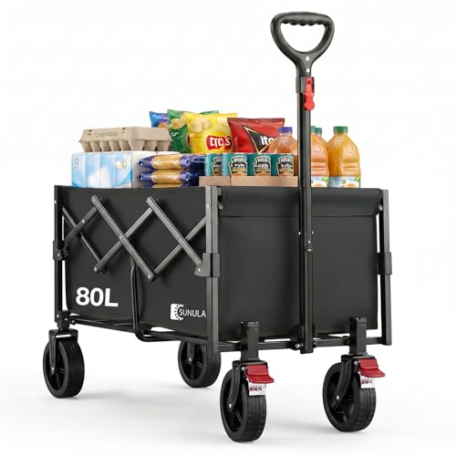 SUNULA Bollerwagen Faltbar Klein 80L, Handwagen Geländegängig mit Bremsen