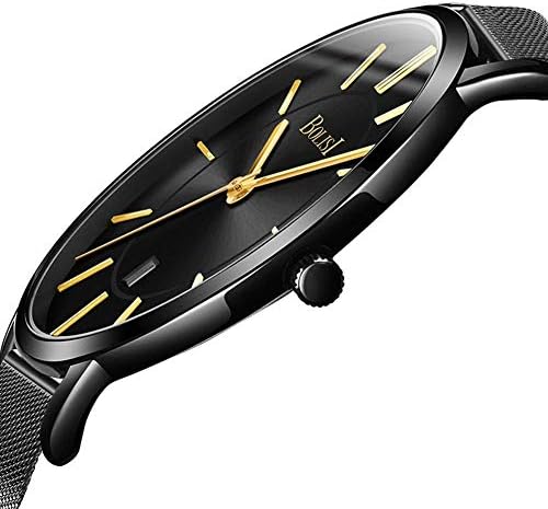 BOLISI Mens Womens Analog Quartz Wristwatch Ultra Thin Minimalist Imported Movement Date Display Watch with Calfskin Leather Strap or Milanese Mesh Bracket