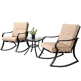 SOLAURA 3-Piece Outdoor Rocking Chairs Bistro Set, Black Steel Patio Furniture with Brown Thickened Cushion & Glass-Top Coffee Table