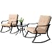 SOLAURA 3-Piece Outdoor Rocking Chairs Bistro Set, Black Steel Patio Furniture with Brown Thickened Cushion & Glass-Top Coffee Table