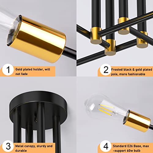 Kuwork Semi Flush Mount Ceiling Light Fixture, Black & Gold Industrial 4 Lights Sputnik Chandelier with E26 Base, Mid Century Lamps for Kitchen Bedroom Living Room Dining Room Hallway Entryway