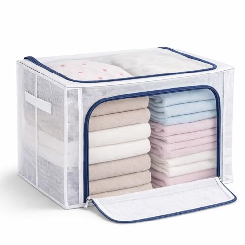 Caixa Organizadora Impermeavel Premium Organizador de Roupas Cobertas Edredons com Ziper Duplo 24, 66 e 100 Litros, Dobravel Empilhavel Estrutura Reforcada Transparente Closet Guarda Roupas 100 Litros
