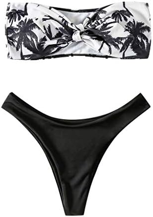 TANLANG Women's New Plant Print Strapless Bra Horizontal Stripe Bandeau Thong Bikini Bottom Set Swimsuit