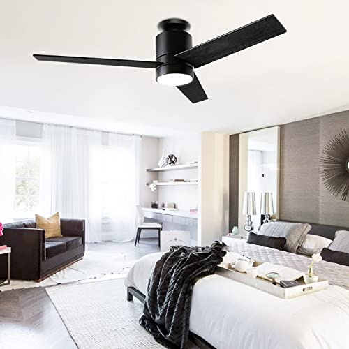 Ohniyou Ventilador de techo de 52 pulgadas con luz y mando a distancia, 6 velocidades, 3 temperaturas de color regulable LED ventilador de techo para uso en interiores al aire libre (Negro)