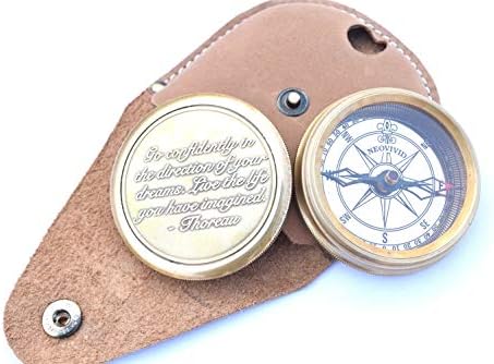 NEOVIVID Go Confidently Quote Engraved Twist Open Brass Pocket Compass with Leather Case, Directional Magnetic Navigational Compass, Nautical Compass