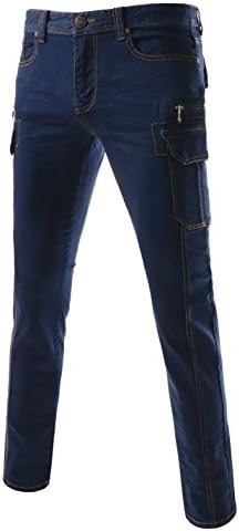 (TJ151) Slim Fit Stretchy Side Zipper Deco Cargo Pocket Pants Straight Jeans BLUE XX-Large(US 34)