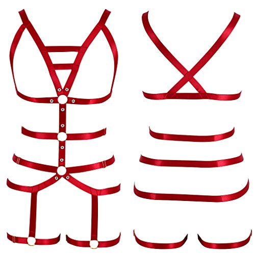 Women Strappy Full Cage Body Harness Lingerie Garter Belt Set Strap Hollow Top Bra Punk Gothic Festival Wear (Wine Red N65)