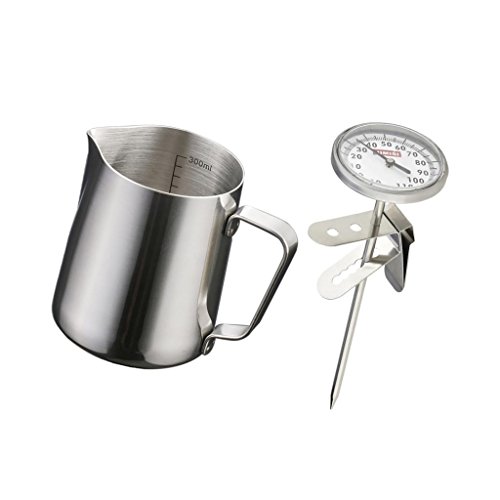 Click Here to See More Images Jili Online 350ML Stainless Steel Milk Pitcher Measuring Scale Jug Thermometer Frother