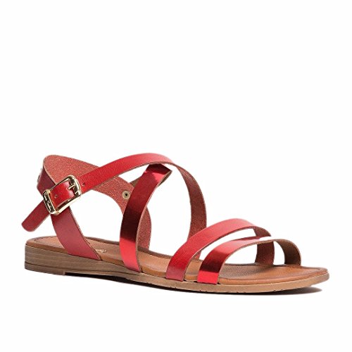 Pierre Cardin Women s Leather Flat Shine Sandal, Red, 6.5 US