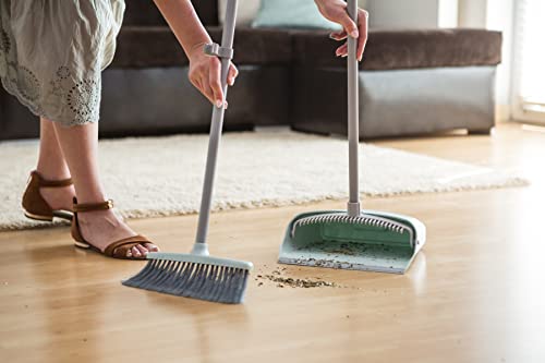 YORK Long Handle Broom and Dustpan Set with Comb Teeth for Floor Cleaning Ergonomic Sweeping Set Foldable Indoor Outdoor Floor Cleaning Kit Mint Green