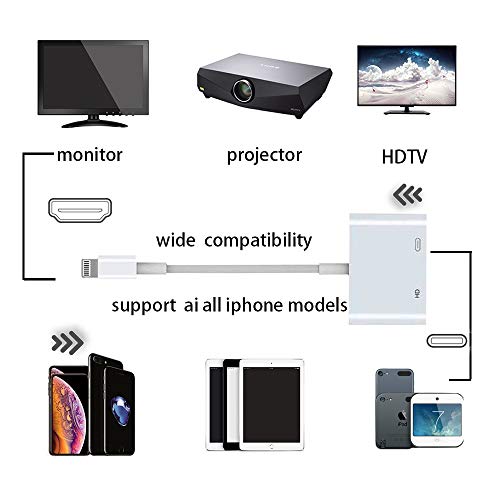 Compatible with iPhone iPad to HDMI Cable, HDMI Adapter for iPhone,1080P Digital AV Adapter, HDMI Cable Compatible with iPhone XS/XSmax/XR/X/8/7/6/plus iPad iPod to TV (White)