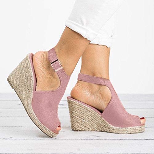 Dermanony Wedges Sandals,Women's Fish Mouth Espadrilles Slingback Platform Sandals High Heel Ankle Strap Beach Shoes Pink