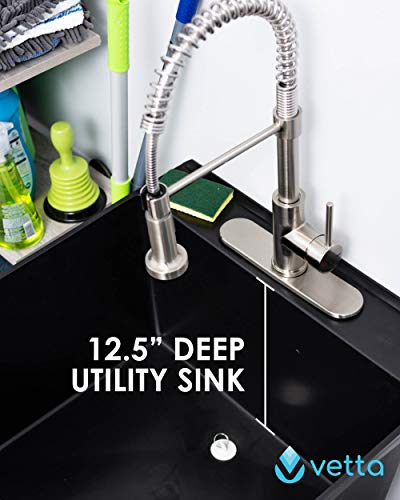 Black Utility Sink Laundry Tub with Commercial Grade Stainless Steel Pull Down Sprayer Faucet, Integrated Supply Lines, and Drainage are Included, Free Standing Wash Station, Heavy Duty Floor Mounted - Thumbnail 3