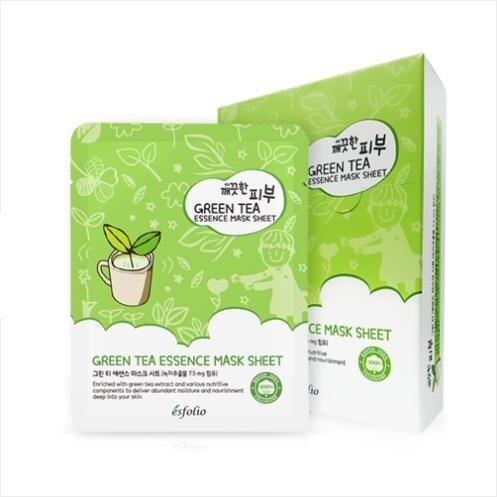 Esfolio Pure Skin Essence Facial Mask Sheet Hydration Healing Anti-Wrinkles Green Tea (Pack of 10)