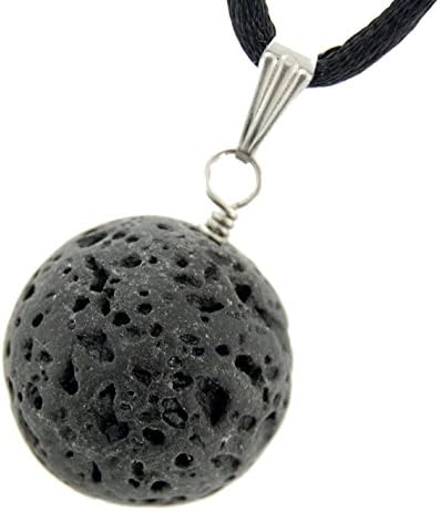 Large Full Moon Sphere / Meteorite Ball Shape, Black Lava Rock Pendant 0.98" Tall (20mm) - Adjustable Soft Black Poly Woven Washable Cord - Gemstone Tribal Necklace - Stainless Steel Bail