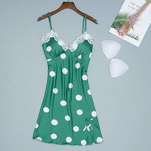Atezch Women's Sexy Deep V Neck Satin Fashion Dot Print Sling Dress Pajamas Sleepwear Sling Robe Long Sleeve Set (Green, XL)