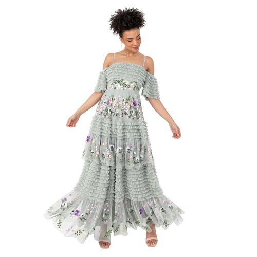 Maya Deluxe Maxi Abito da Donna con Spalle Scoperte Bardot Spalline Sottili Floreale Ricamato Balze Tulle ospite Matrimonio Vestito, Giglio Verde, 48