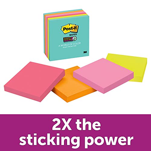 Post-it Super Sticky Notes, 2x Sticking Power, 3" x 3", Miami Collection, 6 Pads per Pack, 65 Sheets per Pad (654-6SSMIA)