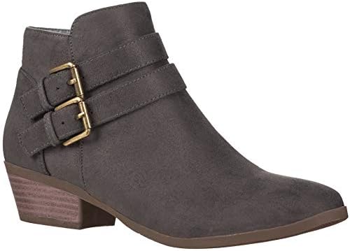 ILLUDE Women's Western Almond Round Toe Slip on Bootie - Low Stack Heel - Zip Up - Casual Ankle Boot