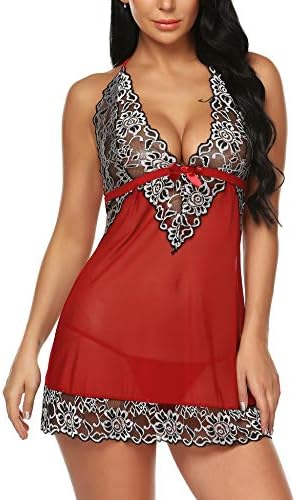 Mathea Women Lingerie Lace Babydoll Mesh Chemise Halter Backless Sleepwear