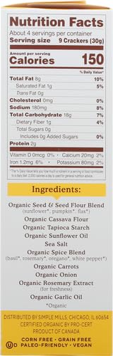 SIMPLE MILLS ORGANIC SEED CRACKERS, GARLIC & HERB – GLUTEN FREE, VEGAN, HEALTHY SNACKS, PALEO FRIENDLY, 4.25 OUNCE (PACK OF 1)