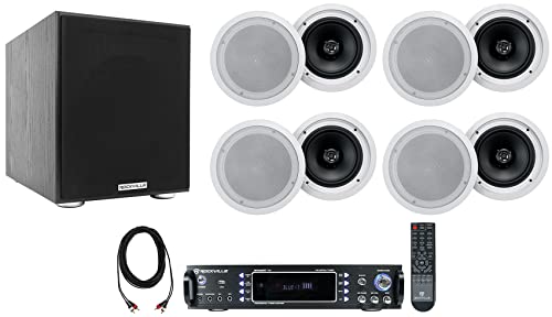 Rockville Bundle: RPA60BT V2 USB Bluetooth Karaoke Amp Mixer Bundle with (8) HC85-16 Speakers, Rock Shaker Powered Home Theater Subwoofer Sub, RCDR25B Dual RCA to Dual RCA Pro Audio Cable (11 Items)
