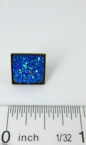 Blue Geometric Square Shaped Flat Faux Druzy Stud Earrings 12mm Statement Antiqued Gold-tone