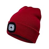 PRAVETTE Upgraded LED Lighted Beanie Hat,USB Rechargeable Hands Free Headlamp Cap,Unisex Winter Warmer Knit Hat with Light for Men,Women (Red)