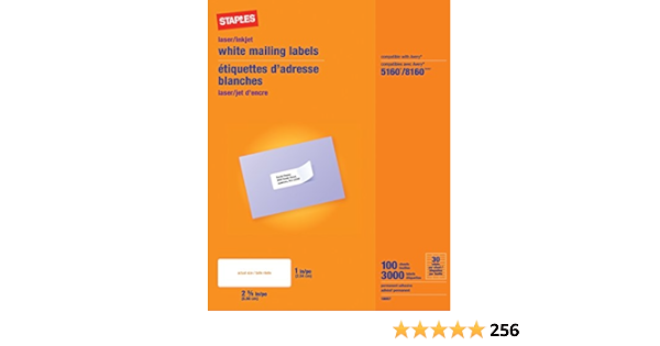 Staples White Mailing Labels for Laser Printers, 1 x 2.62 Inch, 100 Sheets,  3000 Labels