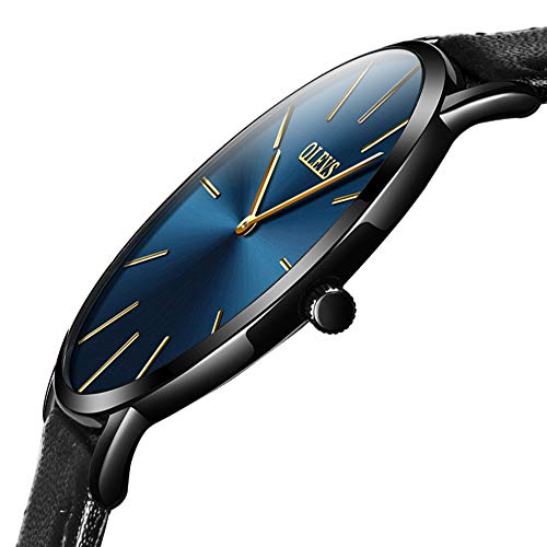 Ultra Thin Mens Watch,Men Classic Watches Leather Strap Simple Dial,Business Analog Quartz Dress Wrist Watch,Mens Watch Blue Face Black Band,Minimalist Watches for Men 40mm Case