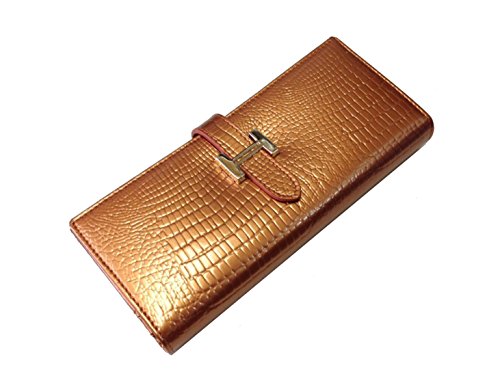 Glossy Genuine Leather Wallet Crocodile Pattern with an ID Window - Gold