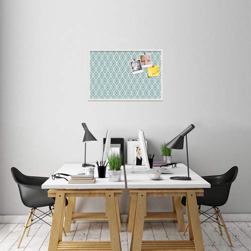 PinPix custom printed pin cork bulletin board made from canvas, Ikat Aqua 36x24 Inches (Completed Size) and framed in Satin White Frame (PinPix-Group-65)