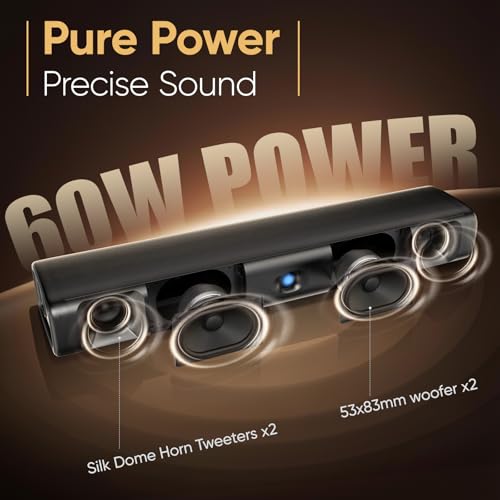 Saiyin Sound Bar for Smart TV, 60W Bluetooth 5.3 Soundbar with Dual Bass Drivers&Clear Voice, Virtual Surround Sound System with TV-ARC/Optical/AUX for TV/PC/Gaming/Projectors, 17 inch, Wall Mountable