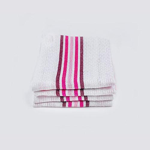 Fine Quality Waffle Weave Kitchen Towels Dish Cloth 4-Pack, 100% Cotton Tea Towels, Super Absorbent, 27 x 18 Inch - Pink Bands