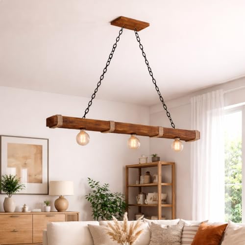 Lustre de Teto Luminária Pendente Caibro Madeira Rústica e Sisal - 3 Bocais E-27 (90cm) Bivolt - Área Gourmet e Churrasqueira - Corrente Anti-Ferrugem