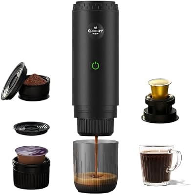 Cafetera Portátil 3 en 1, Presión para un Auténtico Espresso con Crema Espesa, Compatible con Cápsulas Nespresso y Café Molido, Autocalefactable para Viajes, Camping, Oficina y Hogar