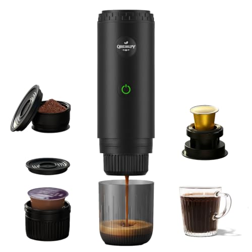 Portable 3-in-1 Coffee Maker, Pressure for Authentic Espresso with Thick Cream, Compatible with Nespresso Capsules and Ground Coffee, Self-Heating for Travel, Camping, Office and Home