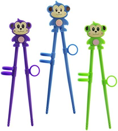 Kids Monkey Chopsticks - Training Chopsticks for Beginners, Kids, Teens or Adults - set of 3 Animal Silicone Blue, Green, Purple