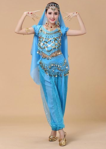 Amazon コスプレ ハロウィン アラジン衣装 パンツタイプ ベリーダンス 衣装4点セット コスチューム ジャスミン アラジン風仮装 スカイブルー コスプレ 仮装 通販