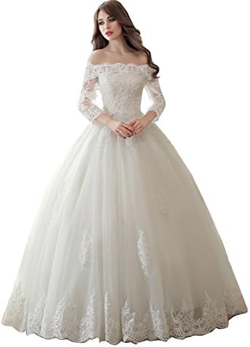 Sisjuly Women's Off Shoulder Lace Beaded Long Sleeve Ball Gown Wedding Dress