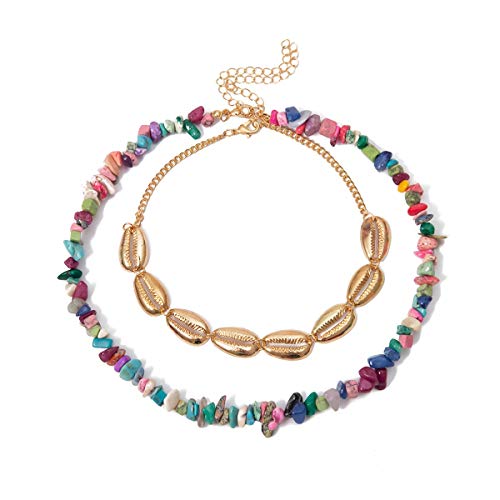 Bohemian Layered Necklace,Crytech Boho Vintage Gold Plated Conch Shell Beaded Choker Beach Hawaiian Turquoise Beaded Chain Handmade Colored Gemstones Necklace for Women Girls (Multicolor)