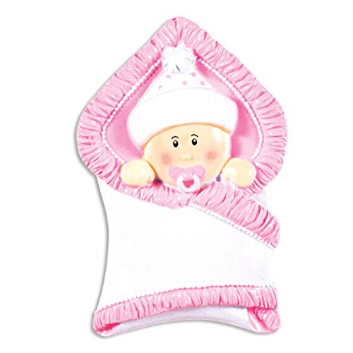 Personalized Bundle Baby Christmas Ornament - Cute Girl in Hat with Pacifier in White Quilt - First New Mom Shower Born 1st Gift Nursery Grand-Daughter Kid - Free Customization (Pink)