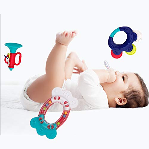 WISHTIME Rattle Teether Baby Toys - Baby 10pcs Shake and GRAP Baby Hand Development Rattle Toys for Newborn Infant with Giant Bottle Gift for 3 6 9 12 18Month