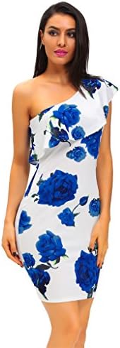 ABERRY Women Blue Rose Print Print Frill One Shoulder Bodycon Club Dress,M