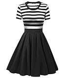 VESSOS Women's Stripes Patchwok A-line Short Sleeve Cocktail Midi Dress Dark  Black Small