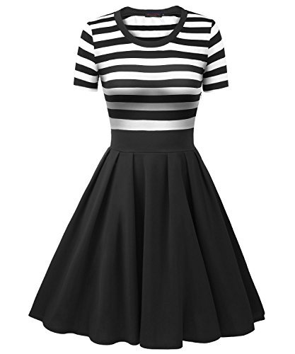VESSOS Women's Stripes Patchwok A-line Short Sleeve Cocktail Midi Dress Dark  Black Small