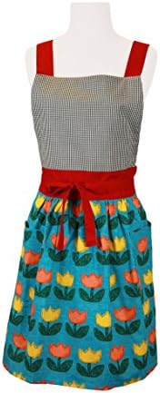 Home Bene 100% Cotton, Tulip, Cute X-back Plaid Kitchen Apron for Women, Cooking Apron tulip patterns, Waist Ties, Two side Pockets, Cooking, Baking, Barbecuing, Gardening, Blue