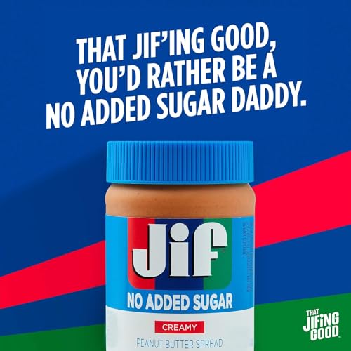 JIF NO ADDED SUGAR CREAMY PEANUT BUTTER SPREAD, 33.5 OUNCES, SMOOTH, CREAMY TEXTURE, NO STIR PEANUT BUTTER SPREAD