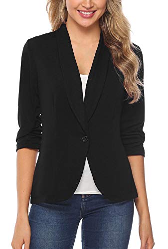 iClosam Women Blazer Jacket 3/4 Ruched Sleeve Open Front Lightweight Work Office Cardigan (Black, X-Large)