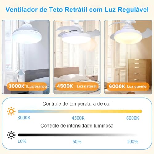 Ventilador de Teto com Controle Remoto Pás Retráteis E27 LED 18W 3 Cores 4 Velocidades Motor Brushless 85-265V